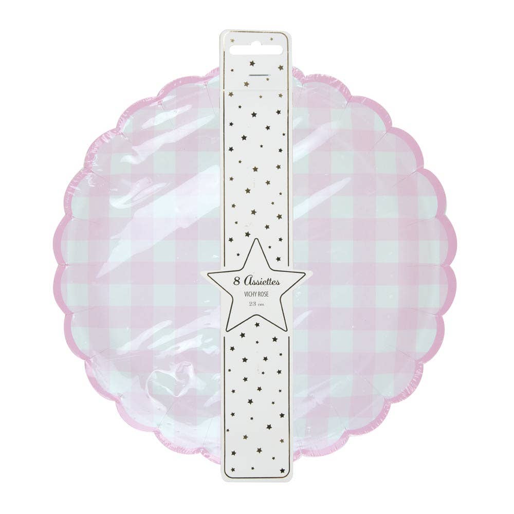 Platos vichy rosa festoneados- pack 8 uds.