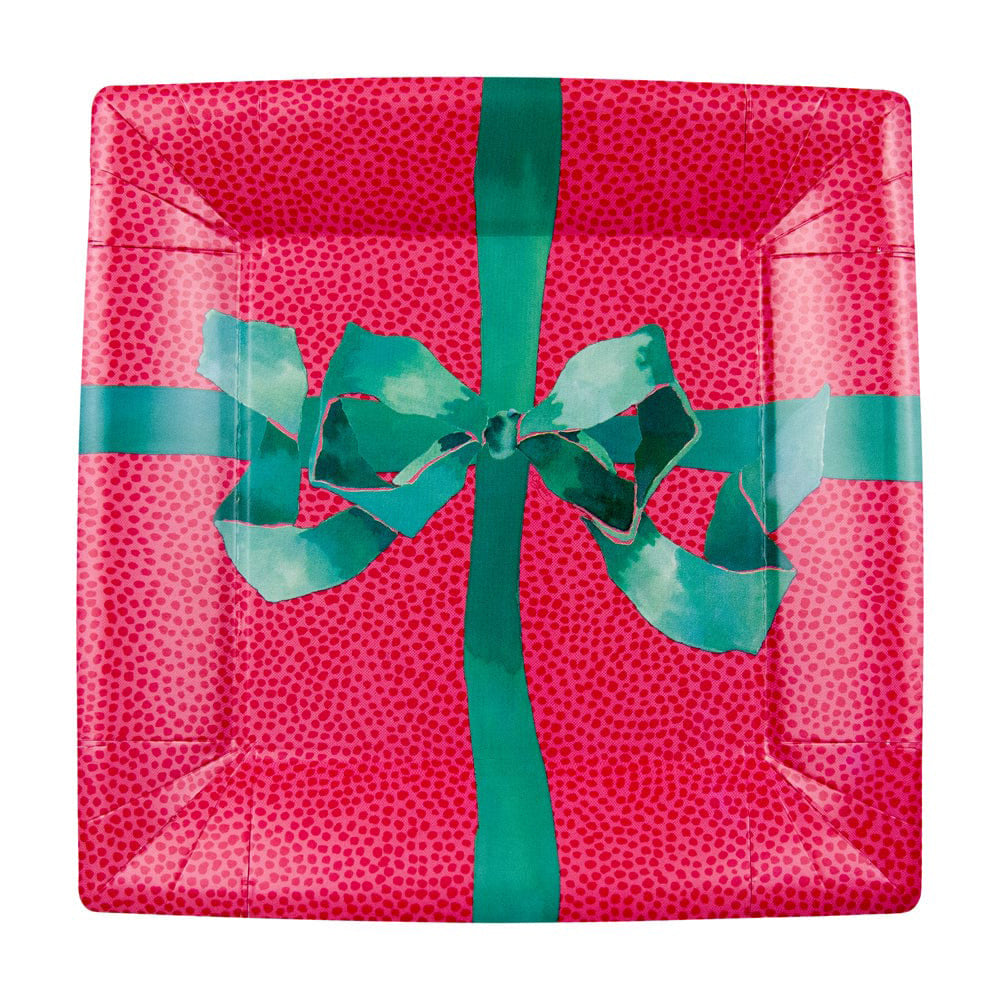 Plato pequeño cuadrado rojo con lazo verde - pack 8 uds.