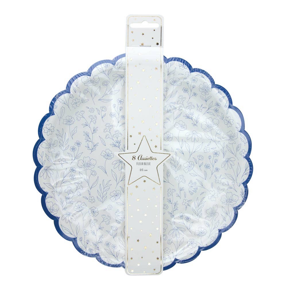Platos festoneados con flores azules,- pack 8 uds.