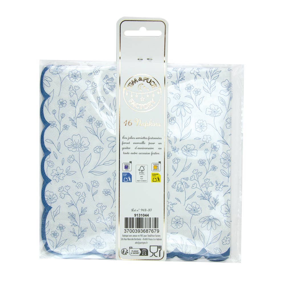 Servilletas con borde festoneado flores azules- pack 16 uds.