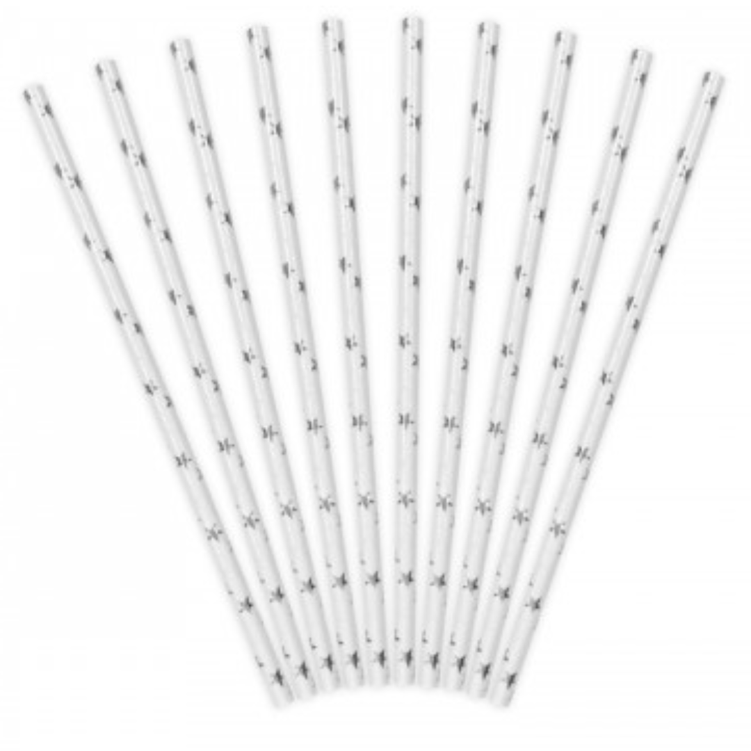 Pajitas blancas con estrellas plateadas- pack 10 uds.