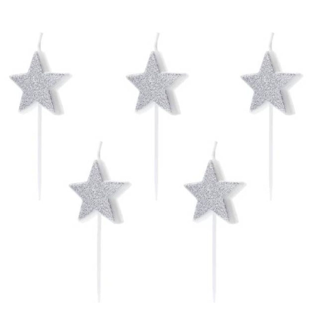 Velas estrella plata purpurina- pack 5 uds.