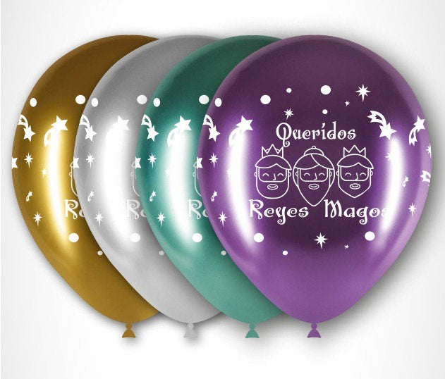 Globos de látex cromados surtido -Queridos Reyes Magos- pack 8 uds.