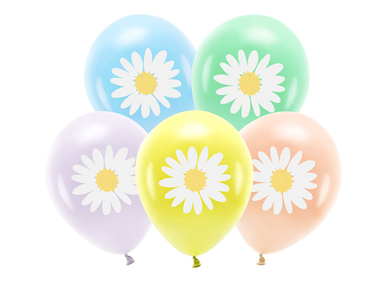 Globos de látex colores pastel surtidos con flor margarita- pack 5 uds,