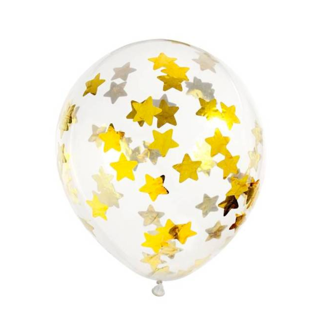 Globos de látex transparentes con estrellas doradas- pack 6 uds.
