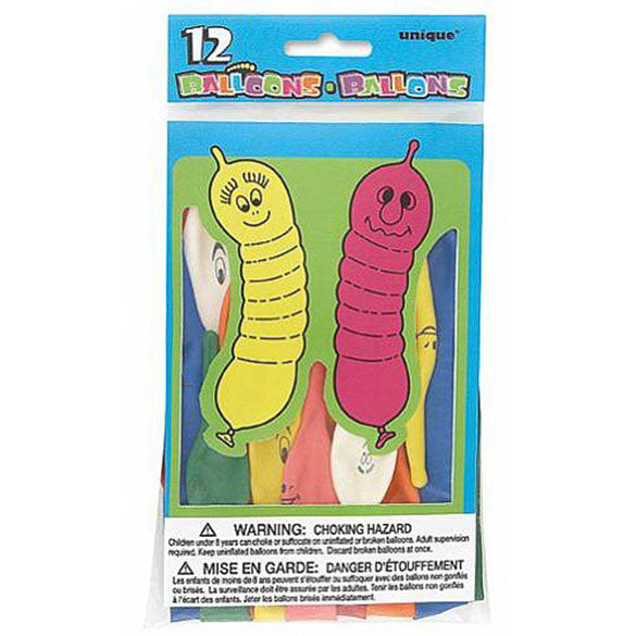 Globos de Látex forma gusanitos colores surtidos. Pack 12 u.