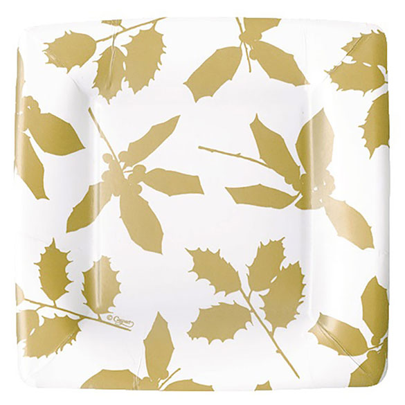 Platos Hojas Oro Navidad 18 cm cuadrados, Pack 8 u.