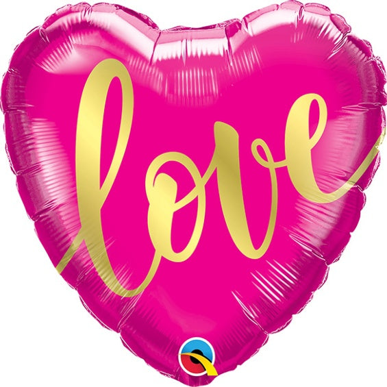 Globo corazón fucsia texto Love oro