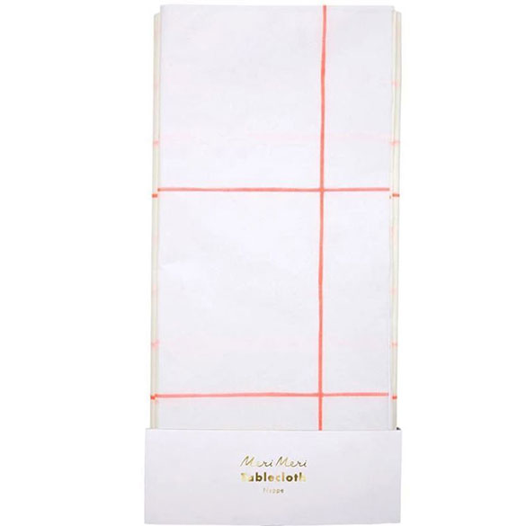 Mantel blanco cuadriculas coral 260 x 140 cm, Pack 1 u.