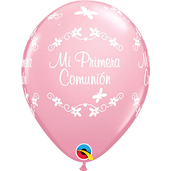 Globos de látex Primera Comunión rosa, Pack 10 u.
