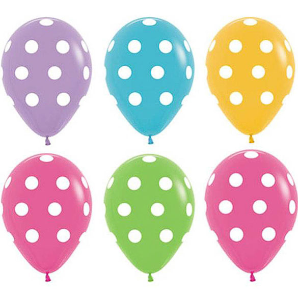 Globos de látex colores surtidos, lunares Blancos. Pack 10 u.