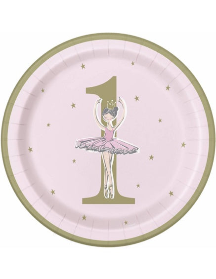 Platos Primer cumpleaños modelo bailarina 23 cm, Pack 8 u.
