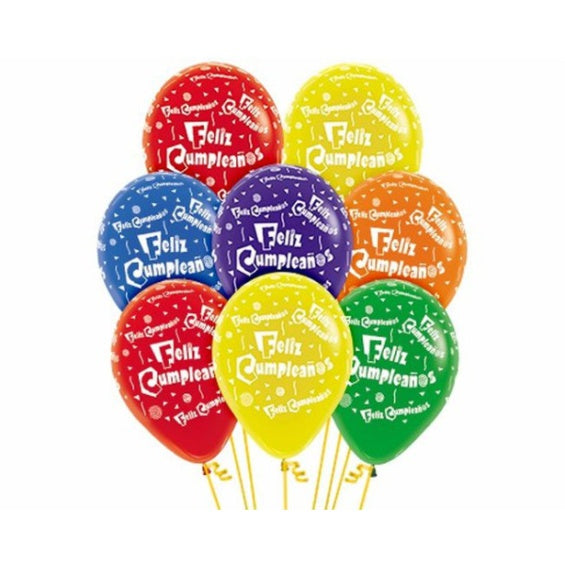 Globos de látex Feliz Cumpleaños colores surtidos. Pack 12 u.