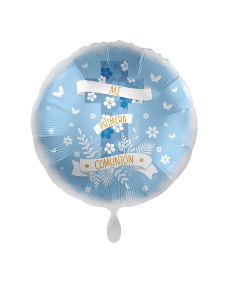 Globo Mi Primera Comunión celeste decorado con Cruz, flores, espigas y mariposas