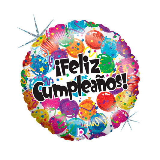 Globo Feliz Cumpleaños holográfico, globos y confeti