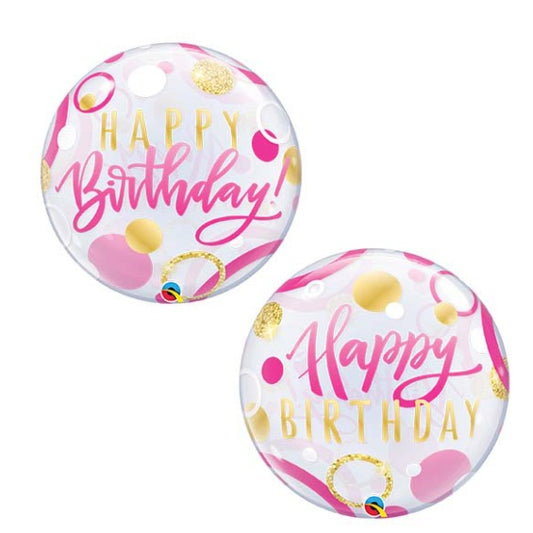 Globo Burbuja Happy Birthday, rosa y dorado