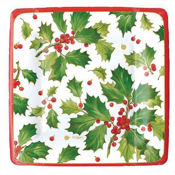 Platos Acebo Navidad 18 cm cuadrados, Pack 8 u.