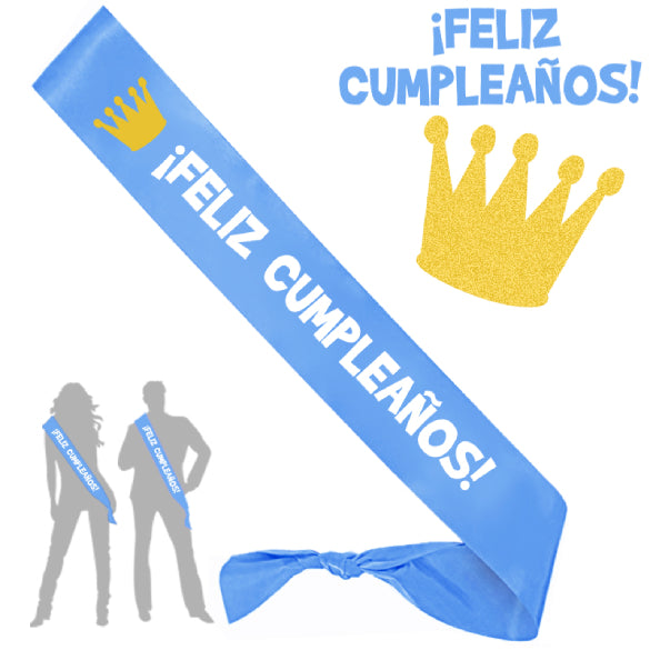 Banda feliz cumpleaños con Corona color celeste