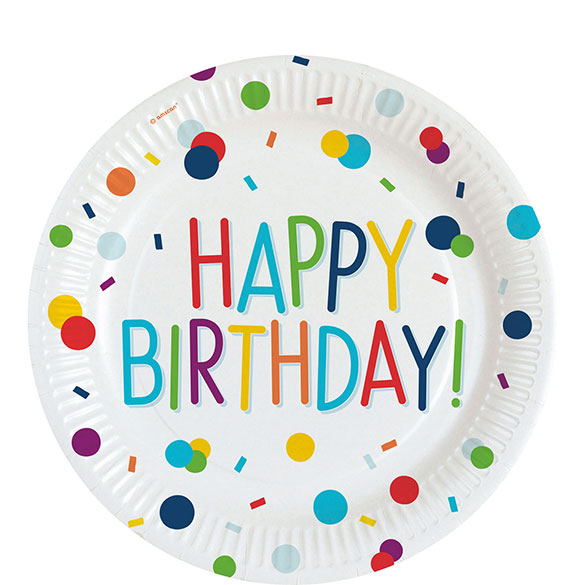 Platos Happy Birthday confeti 23 cm, Pack 8 u.