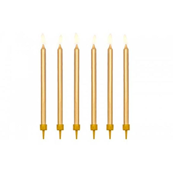 Velas con porta velas oro, Pack 12 u.