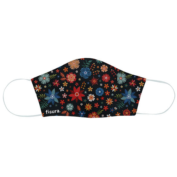 Mascarilla higiénica reutilizable diseño negra flores bordadas
