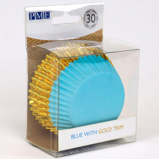 Cápsulas cupcakes color celeste con ribete dorado metálico PME, Pack 30 u.