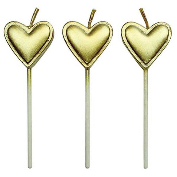 Velas con palo corazón oro, Pack 8 u.