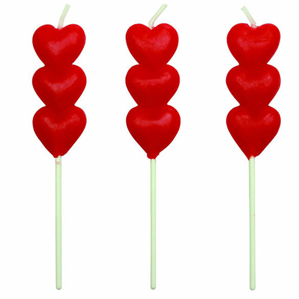 Velas 3 corazones rojos con palo, Pack 8 u.