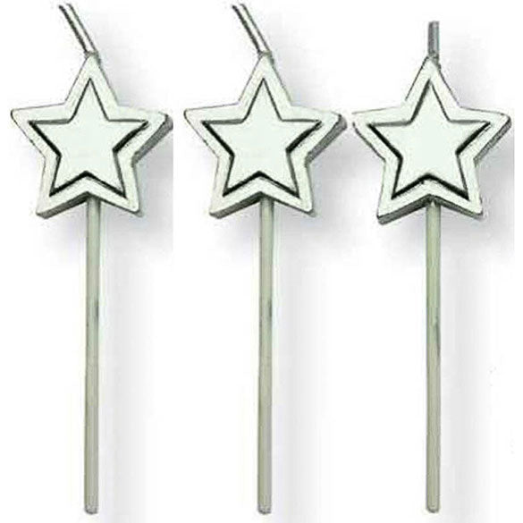 Velas con palo estrella plata, Pack 8 u.