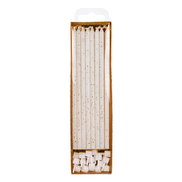 Velas cumpleaños extralargas blancas con purpurina, Pack 16 u.