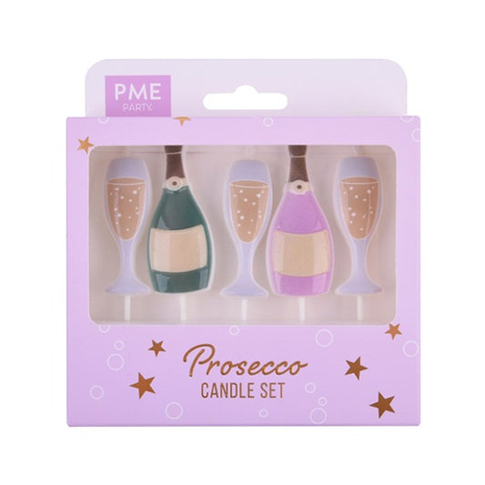 Velas botellas Prosecco 2 y 3 copas flauta, Pack 5 u.