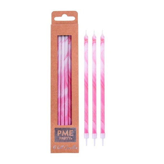 Velas extra largas de cumpleaños marmoladas rosa. Pack 6 u.