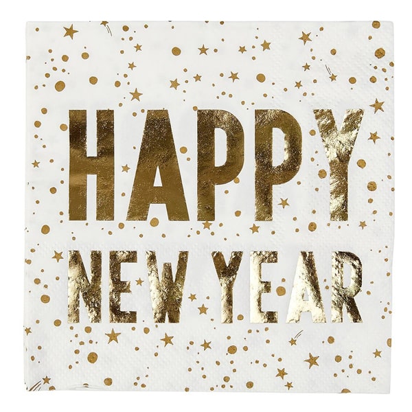 Servilletas Happy New Year blancas, texto oro 25 x 25 cm, Pack 16 u.