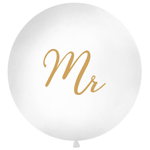 Globo de látex Mr blanco texto dorado 100 cm. 1 unidad