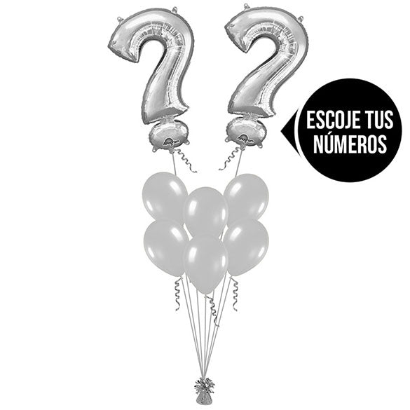 Ramo de Globos con dos Números color Plateado