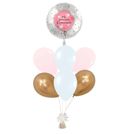 Ramo Mi Primera Comunión decorado con palomas rosa +6 ltx