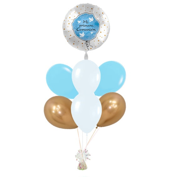 Ramo Mi Primera Comunión celeste decorado con palomas +6 ltx