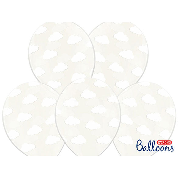 Globos de látex Transparentes con nubes blancas. Pack 6 u.