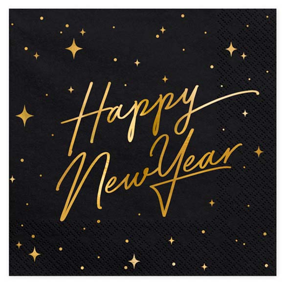 Servilletas Happy New Year negras, texto oro 25 x 25 cm, Pack 16 u.