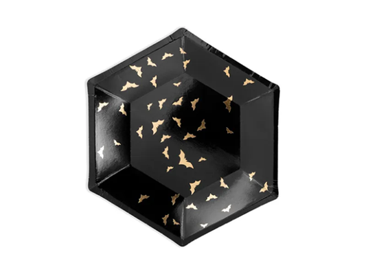 Platos forma hexagonal negro con murcielagos 20 cm, Pack 6 u.