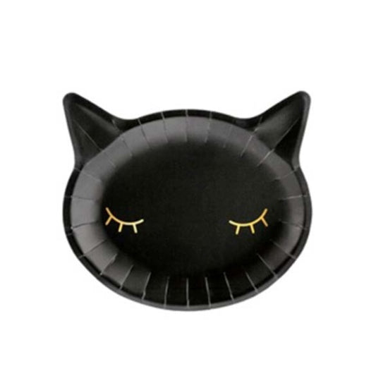 Platos forma cara gato negro 22 x 20 cm, Pack 6 u.