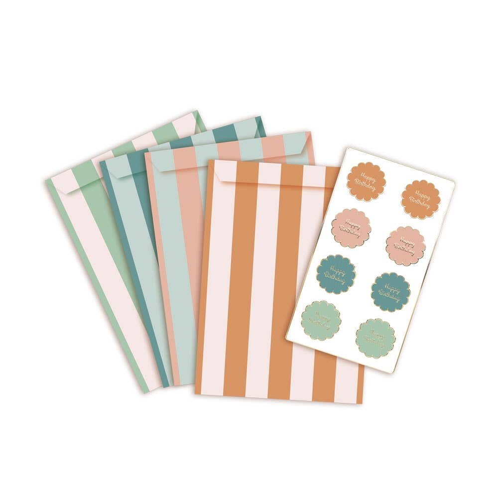 Bolsas de papel multicolor con stickers de feliz cumpleaños- pack 8 uds.