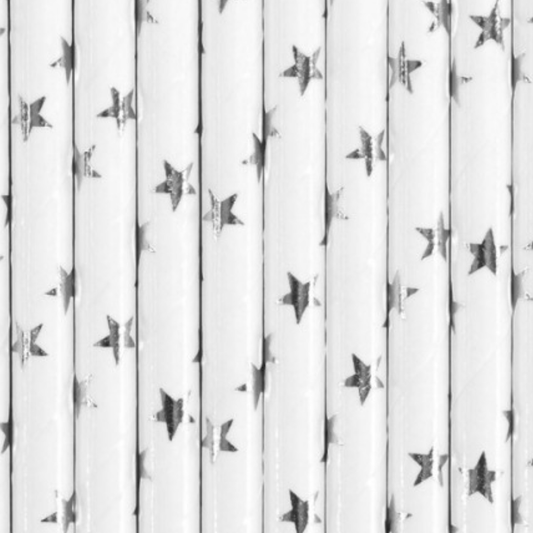 Pajitas blancas con estrellas plateadas- pack 10 uds.