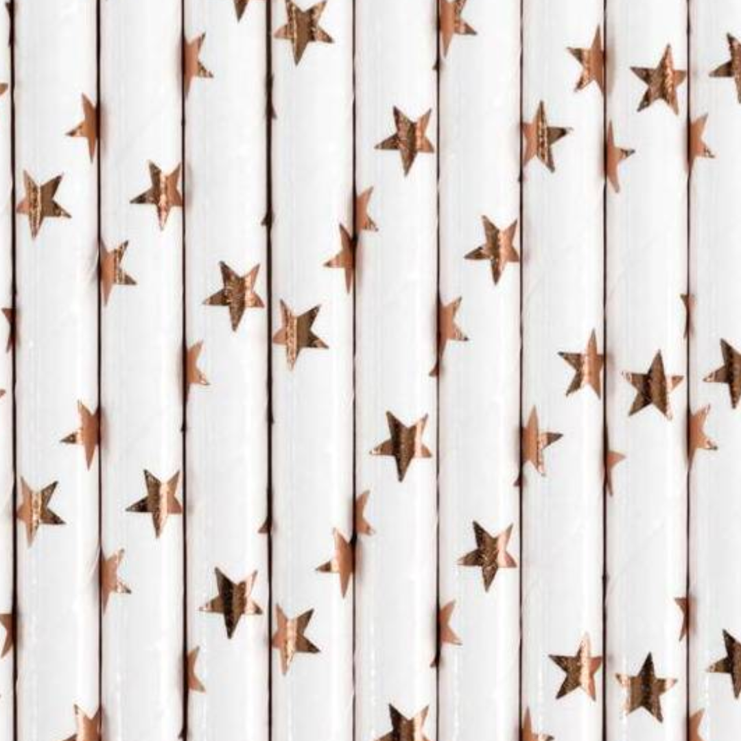 Pajitas blancas con estrellas oro rosa- pack 10 uds.