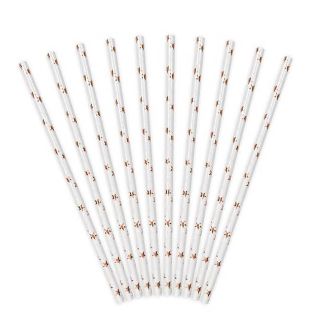 Pajitas blancas con estrellas oro rosa- pack 10 uds.