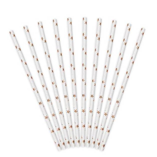 Pajitas blancas con estrellas oro rosa- pack 10 uds.