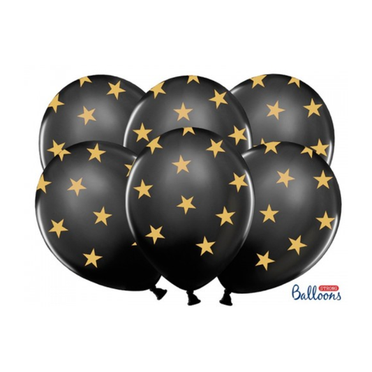 Globos de látex negros con estrellas doradas- pack 6 uds.