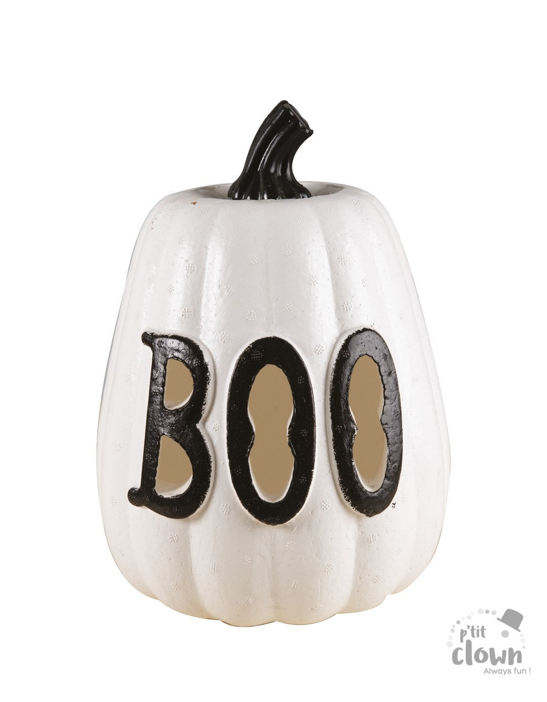 Calabaza blanca con letras caladas -Boo- y luz roja