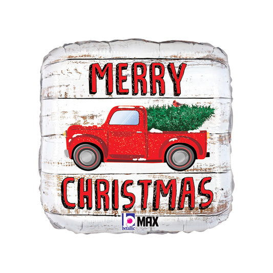 Globo foil cuadrado -Merry Christmas- camioneta con abeto