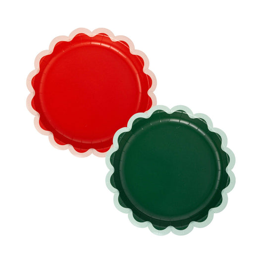 Plato pequeño verde y rojo festoneados-pack 8 uds.